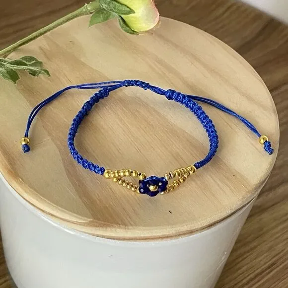 Handmade Blue Macrame Bracelet Gold Beads Flower Adjustable Boho Jewelry Gift - Picture 11 of 12